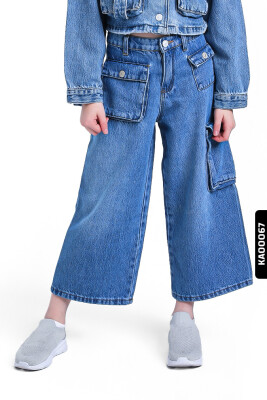 Geniş Paçalı Kargo Cepli Yüksek Belli Kız Çocuk Pantolon 5-14 Yaş 2452 Mavi - ESCABEL