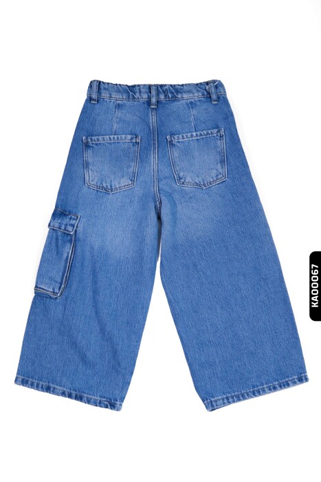 Geniş Paçalı Kargo Cepli Yüksek Belli Kız Çocuk Pantolon 5-14 Yaş 2452 Mavi - 3