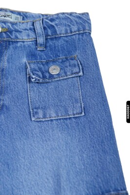 Geniş Paçalı Kargo Cepli Yüksek Belli Kız Çocuk Pantolon 5-14 Yaş 2452 Mavi - 5