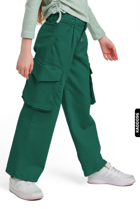 Kargo Cepli Düğmeli Düz Paçalı Kız Çocuk Pantolon 5-14 Yaş 23022 Petrol - 1