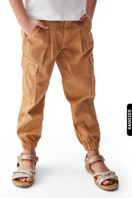 Yüksek Belli Kargo Cepli Lastik Paçalı Kız Çocuk Pantolon 4-8 Yaş 56704 Camel - NK KİDS