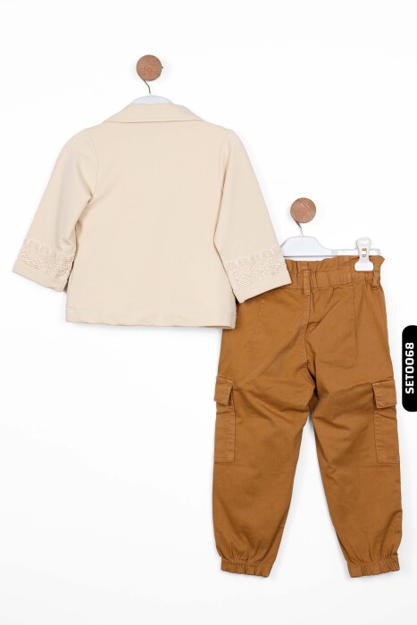 Yüksek Belli Kargo Cepli Lastik Paçalı Kız Çocuk Pantolon 4-8 Yaş 56704 Camel - 6