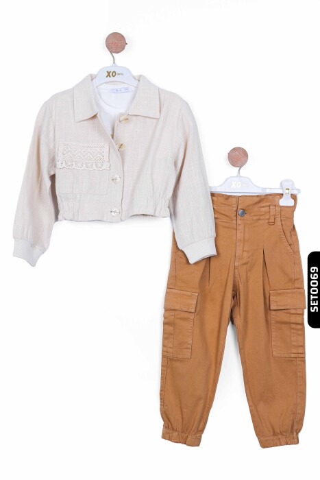 Yüksek Belli Kargo Cepli Lastik Paçalı Kız Çocuk Pantolon 4-8 Yaş 56704 Camel - 7