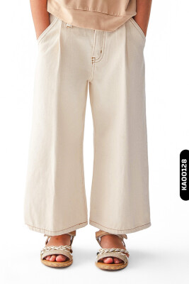 Geniş Paçalı Kemerli Çift Cepli Kız Çocuk Pantolon 4-8 Yaş 56715 Krem - NK KİDS