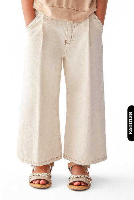 Geniş Paçalı Kemerli Çift Cepli Kız Çocuk Pantolon 4-8 Yaş 56715 Krem - 1