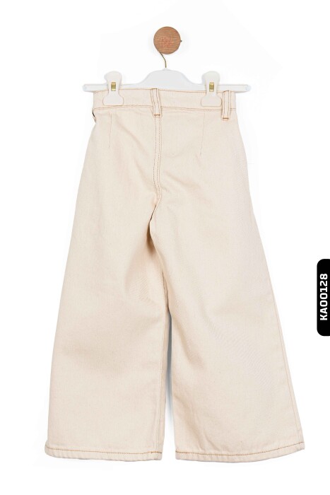 Geniş Paçalı Kemerli Çift Cepli Kız Çocuk Pantolon 4-8 Yaş 56715 Krem - 4
