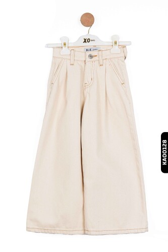 Geniş Paçalı Kemerli Çift Cepli Kız Çocuk Pantolon 4-8 Yaş 56715 Krem - 3