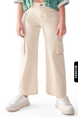 Kargo Cepli Kemerli Geniş Paçalı Kız çocuk pantolon 8-14 Yaş 56701 Krem - NK KİDS