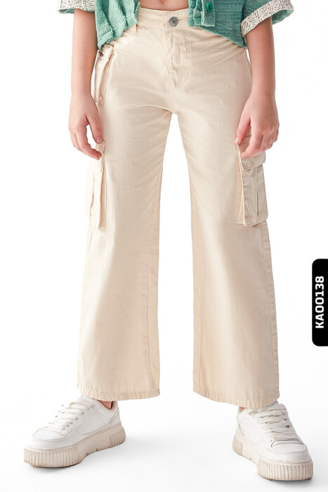 Kargo Cepli Kemerli Geniş Paçalı Kız çocuk pantolon 8-14 Yaş 56701 Krem - 1