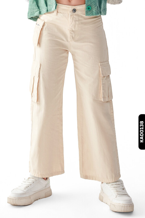 Kargo Cepli Kemerli Geniş Paçalı Kız çocuk pantolon 8-14 Yaş 56701 Krem - 2