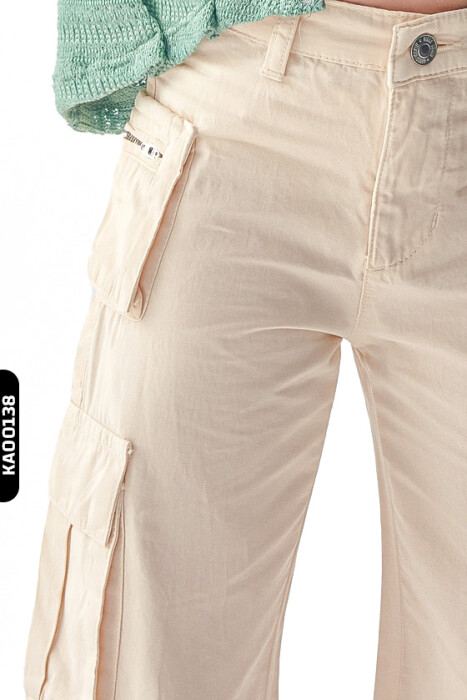 Kargo Cepli Kemerli Geniş Paçalı Kız çocuk pantolon 8-14 Yaş 56701 Krem - 3