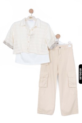 Kargo Cepli Kemerli Geniş Paçalı Kız çocuk pantolon 8-14 Yaş 56701 Krem - 4