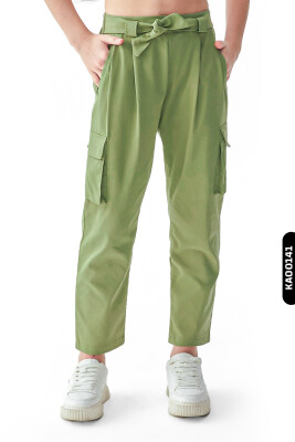 Lastikl Kuşaklı Belli Kargo Cepli Geniş Paçalı Kız Çocuk Pantolon 8-14 Yaş 56329 Haki 