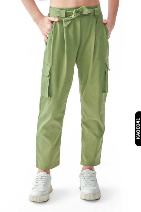 Lastikl Kuşaklı Belli Kargo Cepli Geniş Paçalı Kız Çocuk Pantolon 8-14 Yaş 56329 Haki - 1