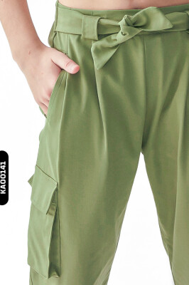 Lastikl Kuşaklı Belli Kargo Cepli Geniş Paçalı Kız Çocuk Pantolon 8-14 Yaş 56329 Haki - 2