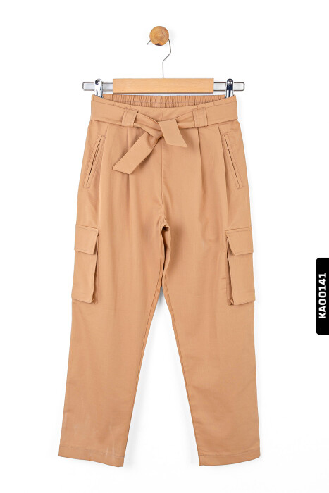 Lastikl Kuşaklı Belli Kargo Cepli Geniş Paçalı Kız Çocuk Pantolon 8-14 Yaş 56329 Camel - 3