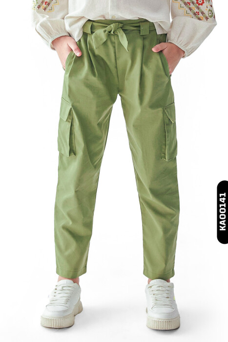 Lastikl Kuşaklı Belli Kargo Cepli Geniş Paçalı Kız Çocuk Pantolon 8-14 Yaş 56329 Haki - 3