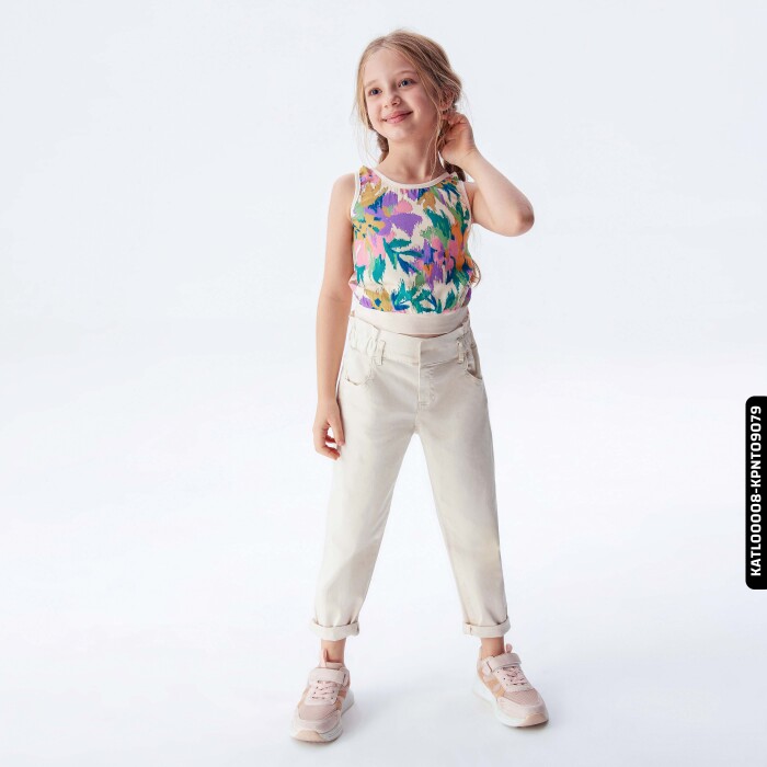 Kız Beli Büzgülü Pantolon 4-8 Yaş 54713 Kpnt09079 Krem - 7