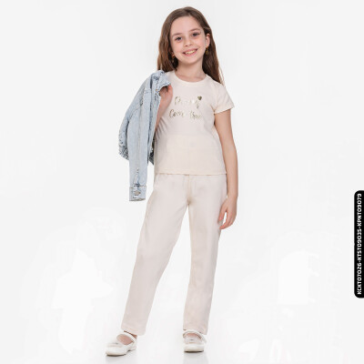 Kız Beli Büzgülü Pantolon 4-8 Yaş 54713 Kpnt09079 Krem - 11