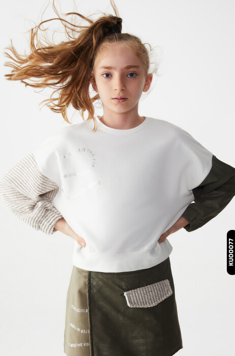 Kız Çocuk kollu Trikolu Sweatshirt 8-14 Yaş 35355 - 4