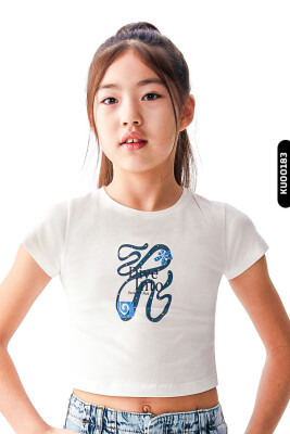 Dijital Baskılı Kristal Taş Baskılı T-Kollu Slim Fitli Kız Çocuk Tişört 8-14 36435 Ekru - Lacivert - 2