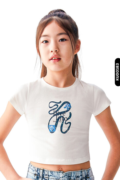 Dijital Baskılı Kristal Taş Baskılı T-Kollu Slim Fitli Kız Çocuk Tişört 8-14 36435 Ekru - Lacivert - 2