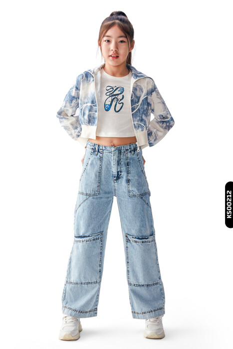 Dijital Baskılı Kristal Taş Baskılı T-Kollu Slim Fitli Kız Çocuk Tişört 8-14 36435 Ekru - Lacivert - 4