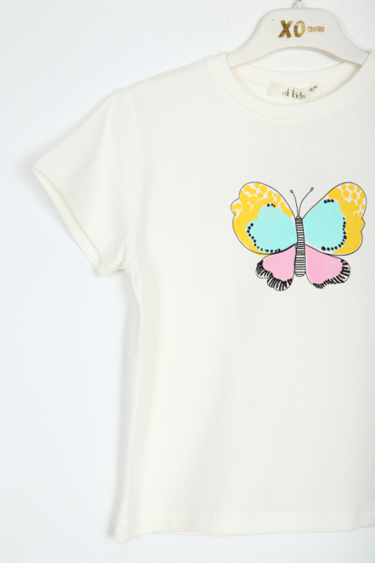 Kız Çocuk Tişört 4-8 Yaş 38575 Ekru - Mavi - 2