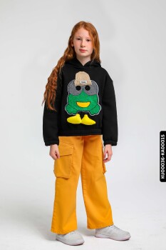 Kolu Lastikli Baskılı Kapüşonlu Kız Çocuk Oversize Sweatshirt 5-14 Yaş 35635 - 2