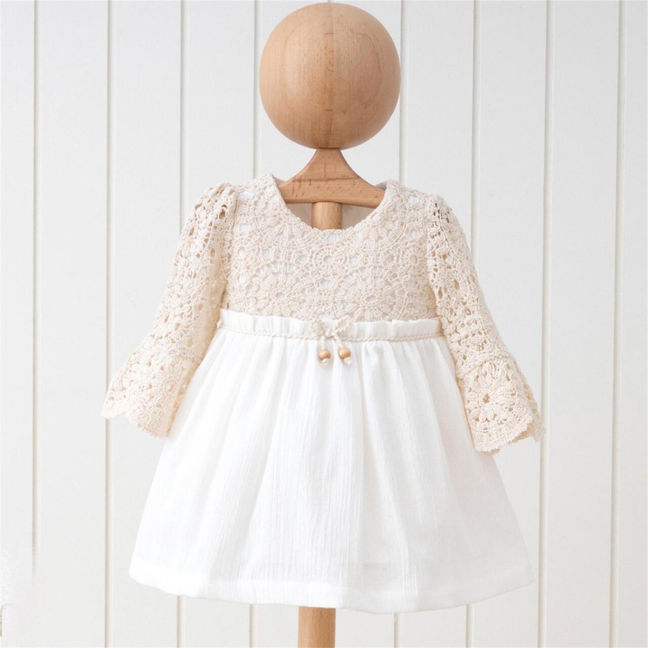 Mymio 3902 Boncuklu Naturel Kız Elbise Ekru - 1