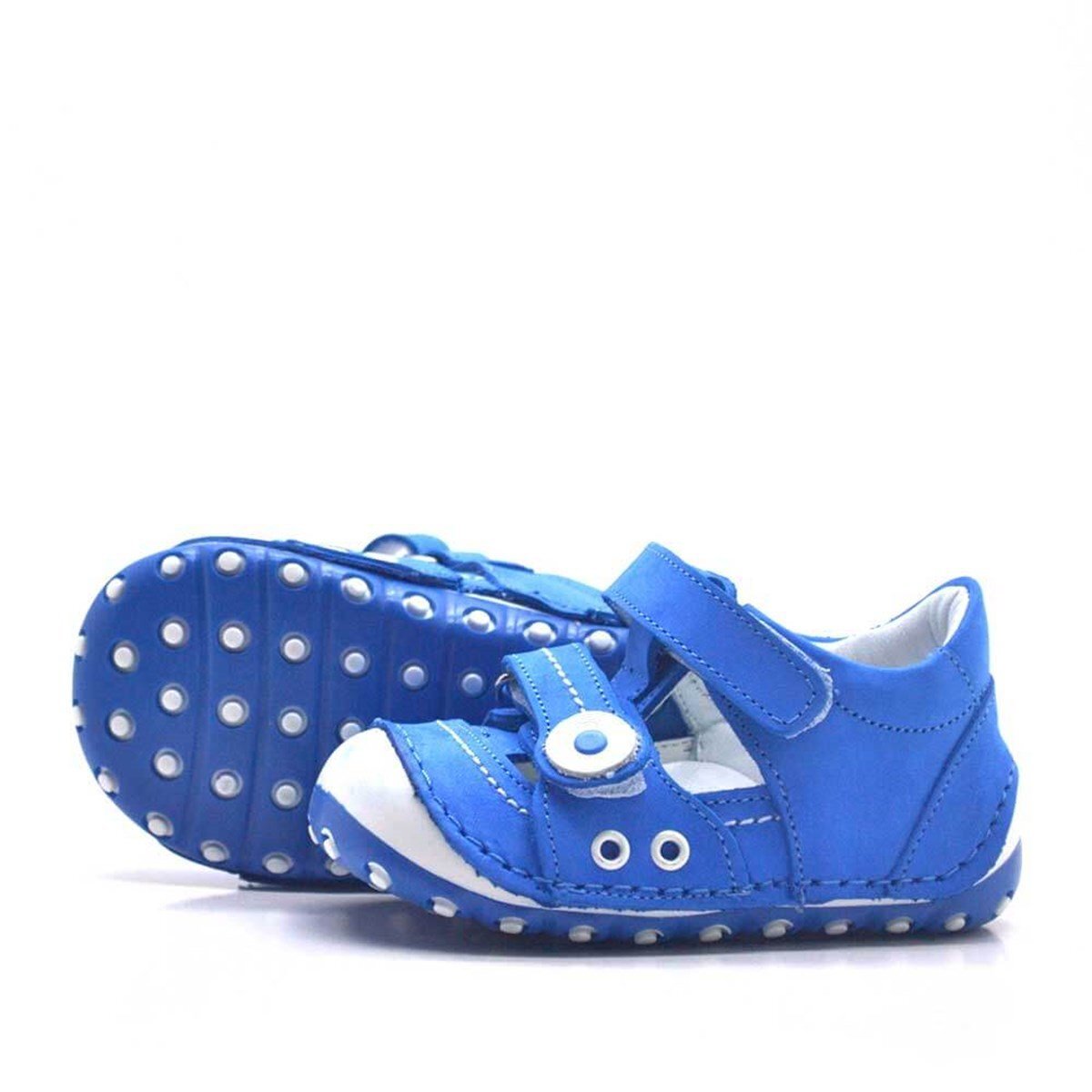 حذاء صيفي من الجلد الطبيعي باللون الأزرق مزود بشريط فيلكرو للخطوة الأولى - 4