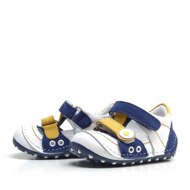 حذاء صيفي من الجلد الطبيعي باللون الأصفر والأزرق الداكن مزود بشريط فيلكرو للخطوة الأولى - 4