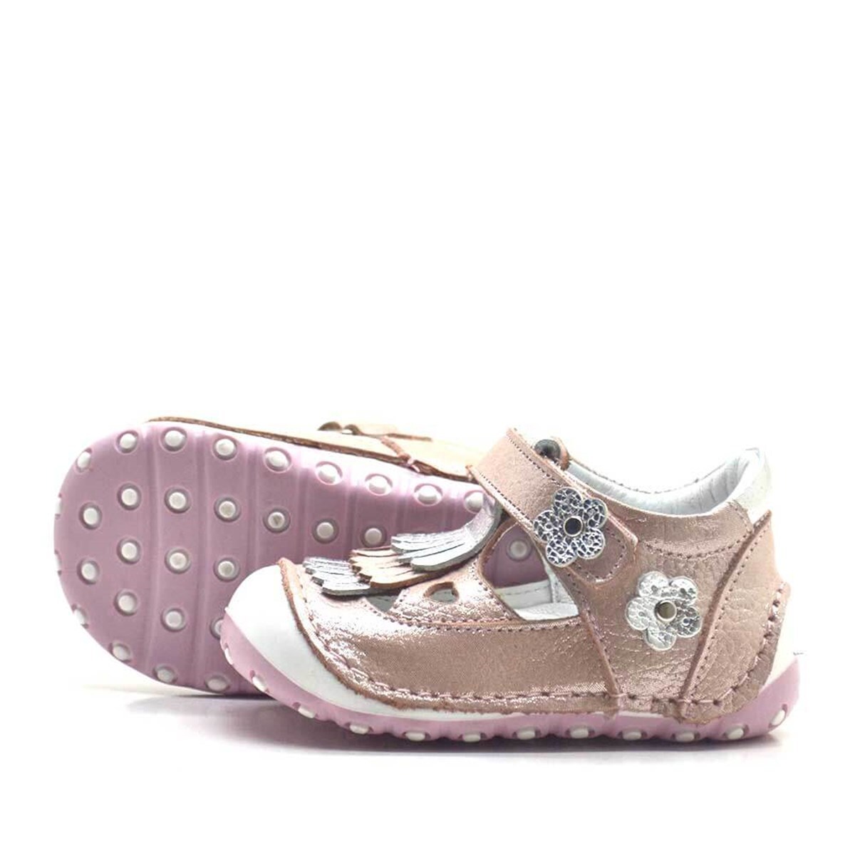 حذاء صيفي من الجلد الطبيعي مزين بشراشيب وردية اللون مع شريط فيلكرو - 4