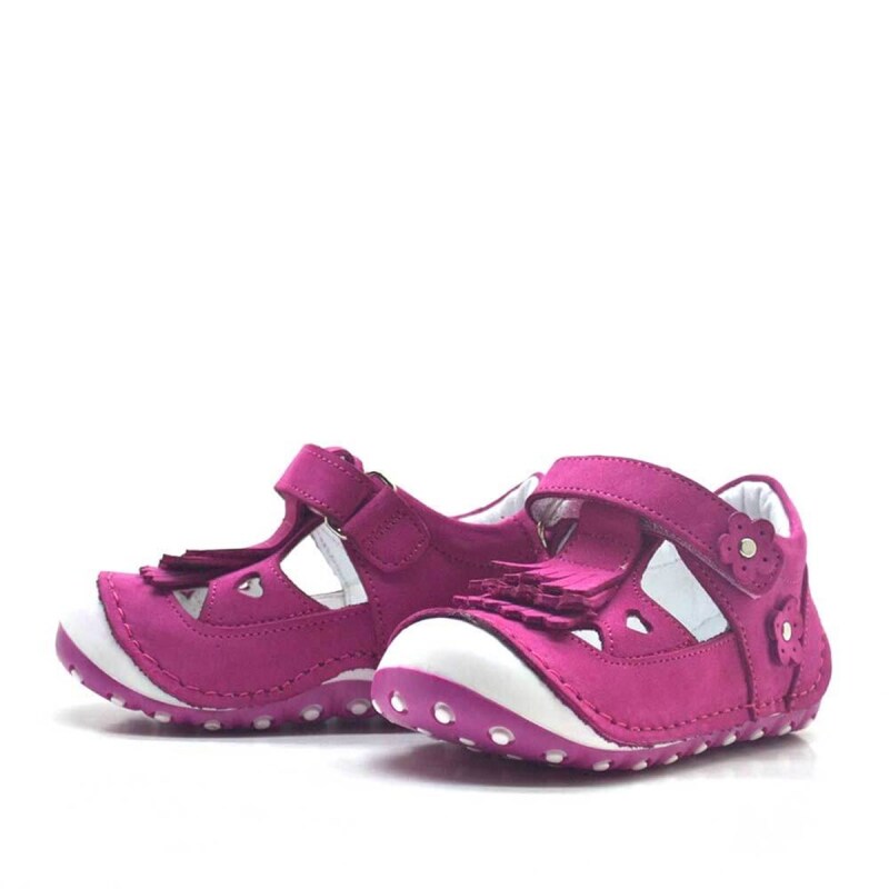 حذاء صيفي من الجلد الطبيعي مزين بشراشيب وردية اللون مع شريط فيلكرو - 3