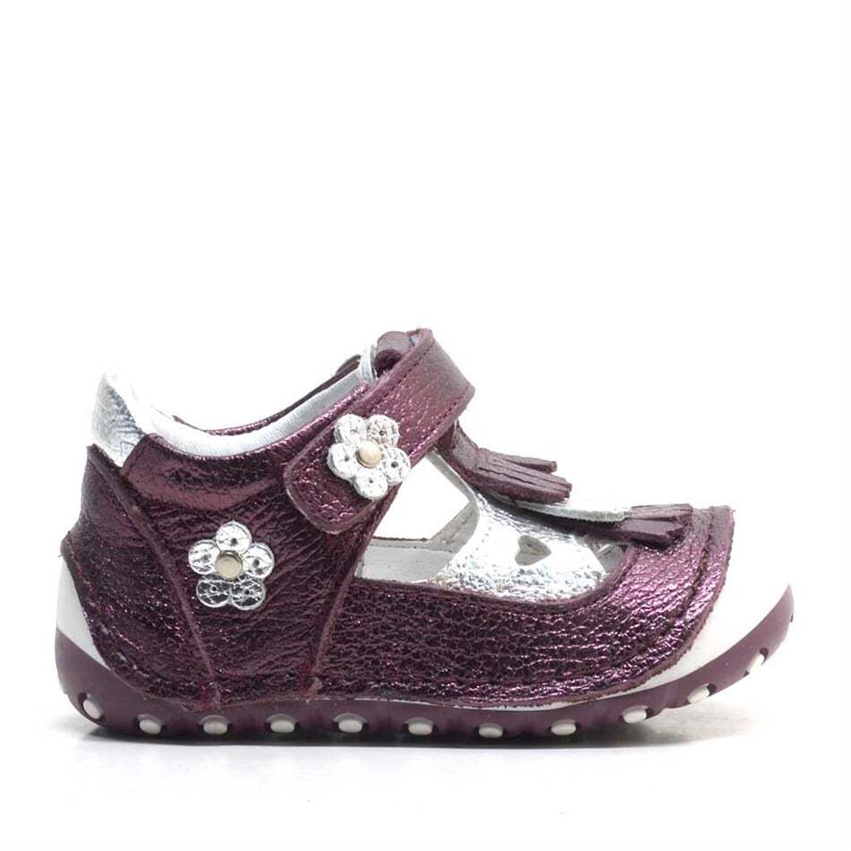 حذاء صيفي من الجلد الطبيعي مزين بشراشيب وشريط فيلكرو باللون العنابي - 2