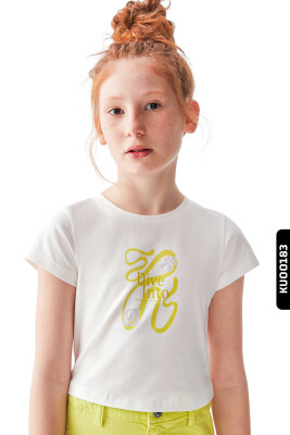 تيشيرت بناتي بقالب ضيق وأكمام قصيرة مطبوع رقميا مع حجر كريستال منقوش 8-14 سنوات 36435 - NK KİDS