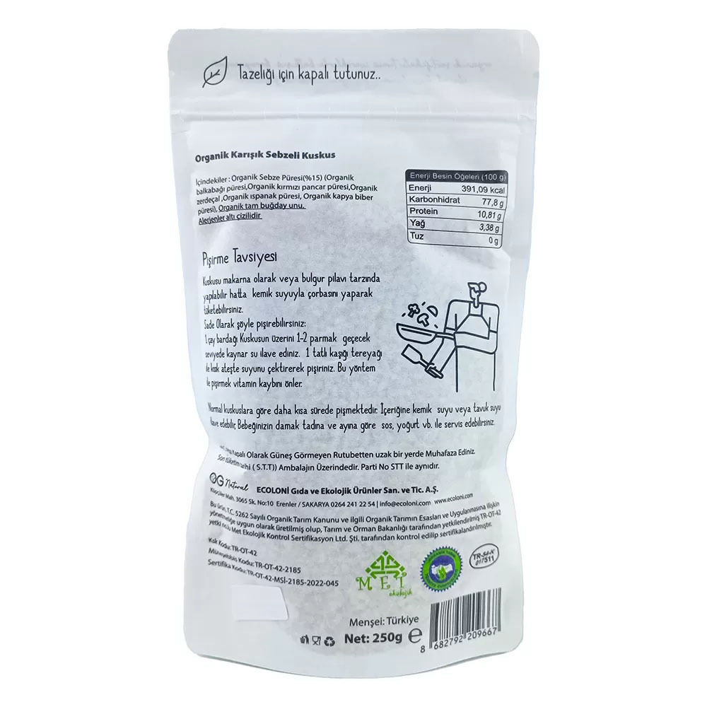 OG Natural Organik Karışık Sebzeli Tam Buğday Bebek Kuskus 250 Gr - 2