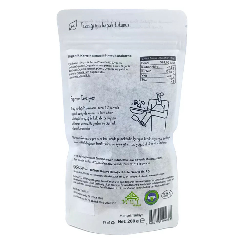 OG Natural Organik Karışık Sebzeli Tam Buğday Boncuk Makarna 200 Gr - 2