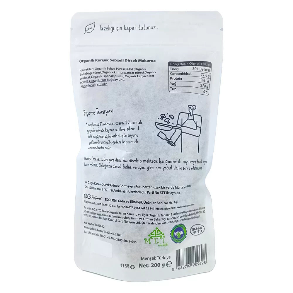 OG Natural Organik Karışık Sebzeli Tam Buğday Dirsek Makarna 200 Gr - 3