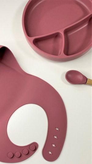 مجموعة تغذية السيليكون OiOi Blw II من 3 قطع (مع طبق) بلون وردي مخملي - 4