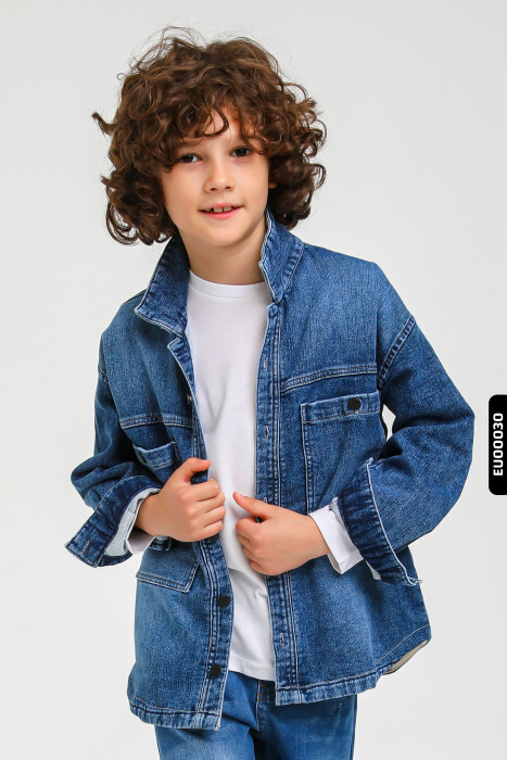 Pamuklu Erkek Çocuk Düğmeli Jeans Kot Gömlek 5-14 Yaş 23144 - 1