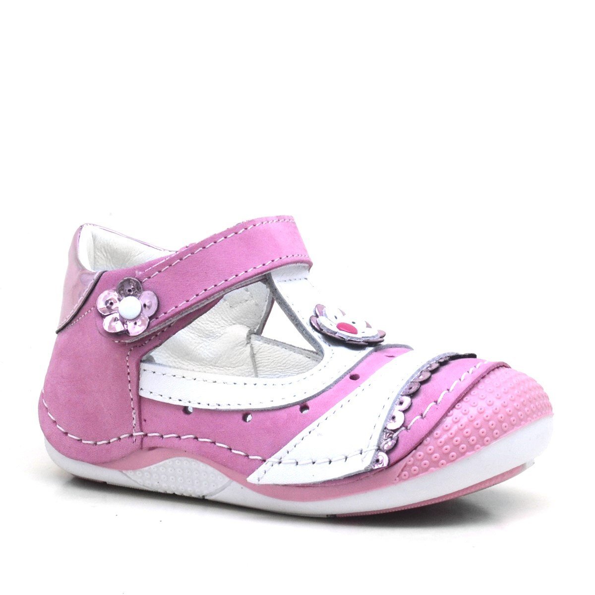 PEMBE PULLU HAKİKİ DERİ CIRTLI YAZLIK KIZ BEBEK AYAKKABI - 1