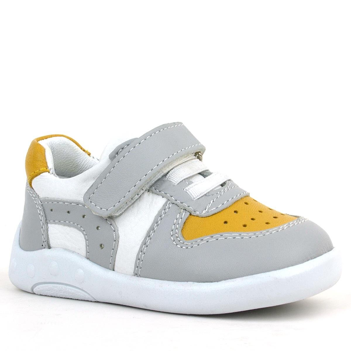 حذاء رياضي تشريحي للأطفال من راكر بلاس، مصنوع من الجلد الطبيعي، رمادي وأصفر - 1