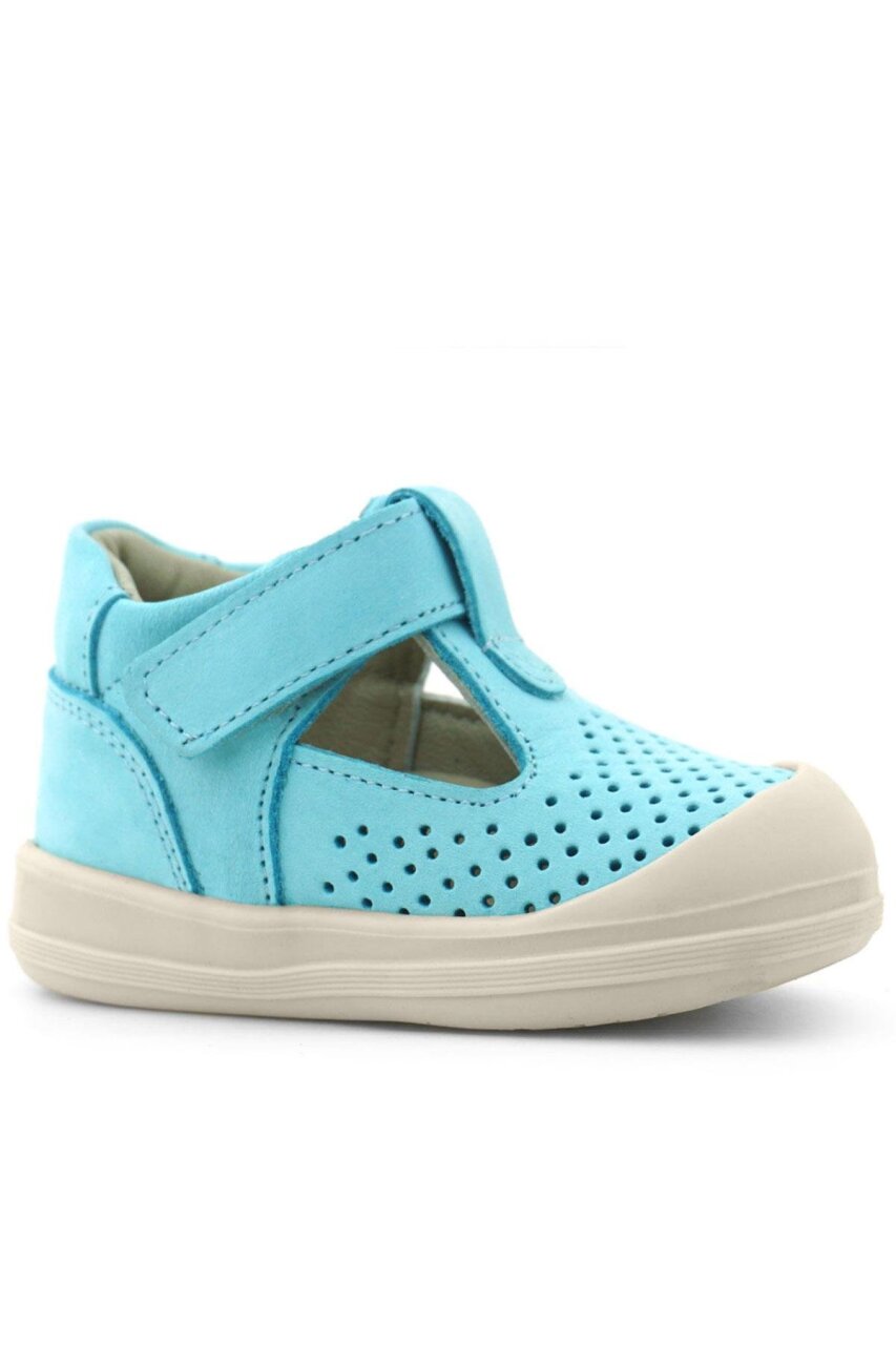 صندل أطفال تشريحي من الجلد الطبيعي باللون الأزرق والأبيض مع شريط فيلكرو من راكر بلس شون - 2