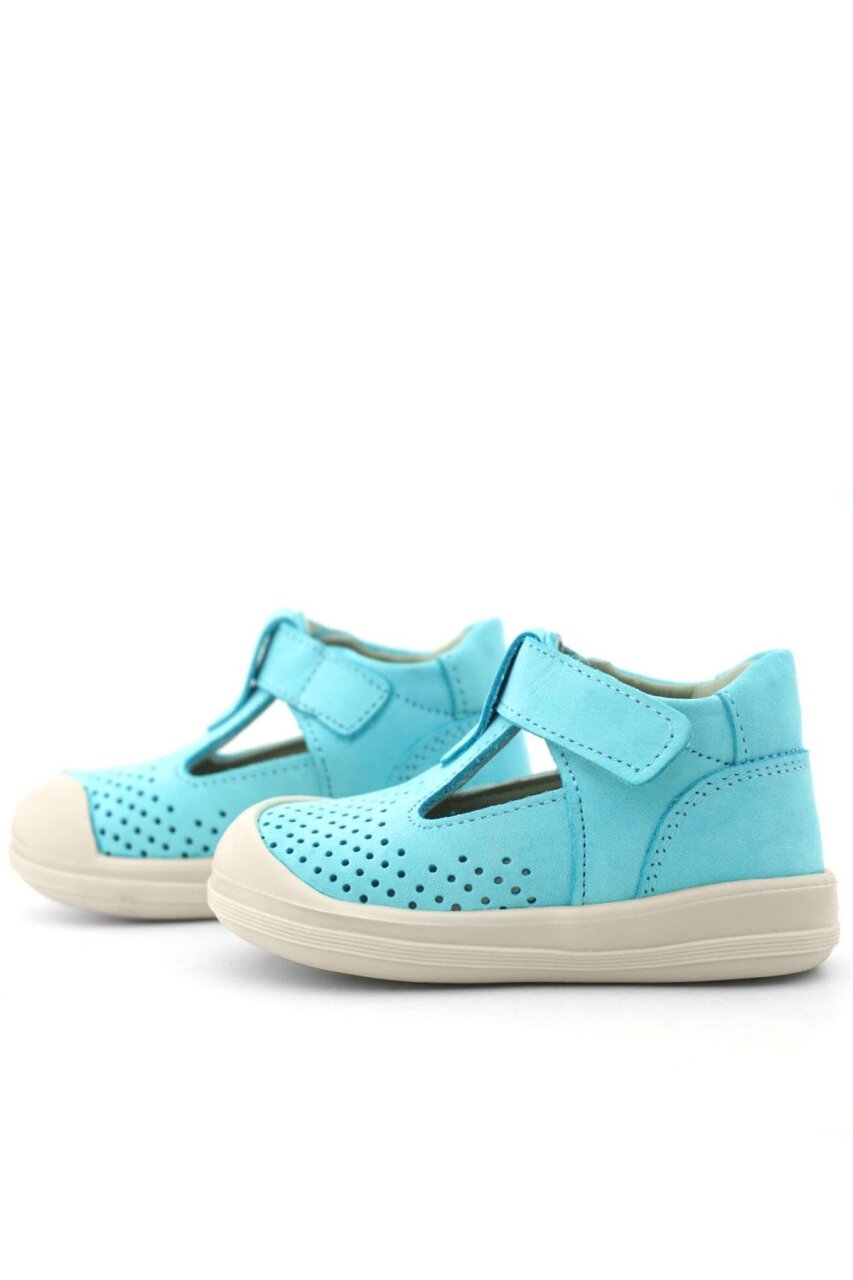 صندل أطفال تشريحي من الجلد الطبيعي باللون الأزرق والأبيض مع شريط فيلكرو من راكر بلس شون - 6