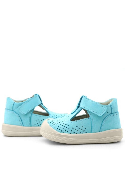 صندل أطفال تشريحي من الجلد الطبيعي باللون الأزرق والأبيض مع شريط فيلكرو من راكر بلس شون - 7
