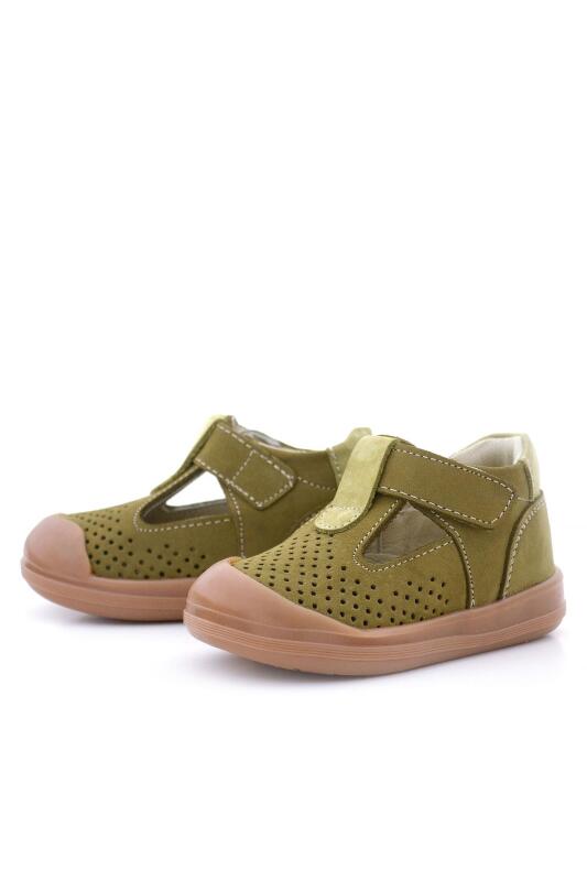 صندل شون من الجلد الطبيعي باللون الكاكي والأخضر مع شريط فيلكرو تشريحي للأطفال من راكر بلاس - 5