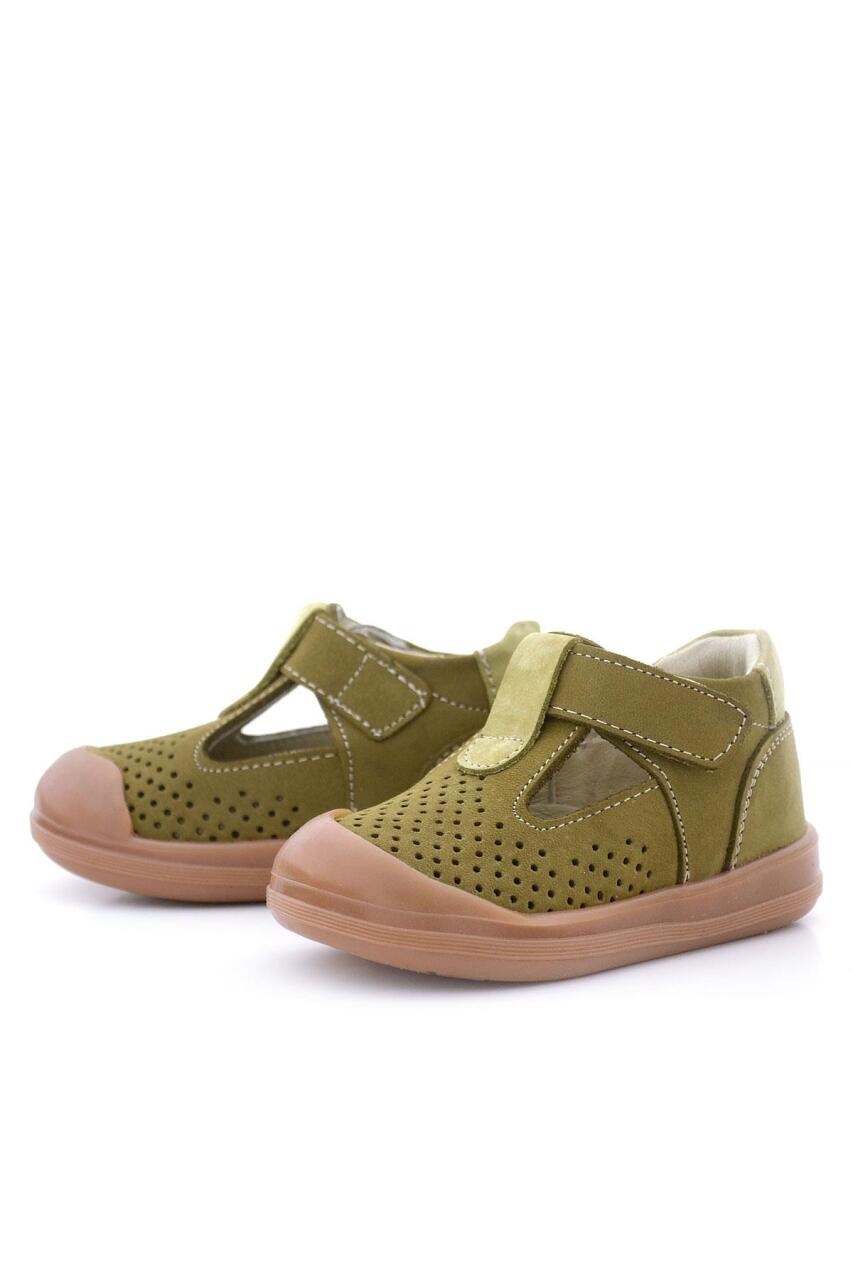 صندل شون من الجلد الطبيعي باللون الكاكي والأخضر مع شريط فيلكرو تشريحي للأطفال من راكر بلاس - 5