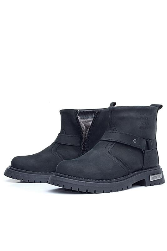 حذاء أطفال بسحاب مصنوع من جلد النوبوك الأسود والفرو الحقيقي - 5