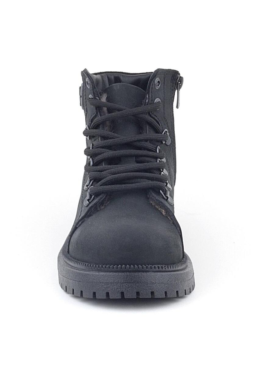 حذاء ثلج للأطفال مصنوع من الفرو الطبيعي وجلد النوبوك الأسود برباط وسحّاب - 3